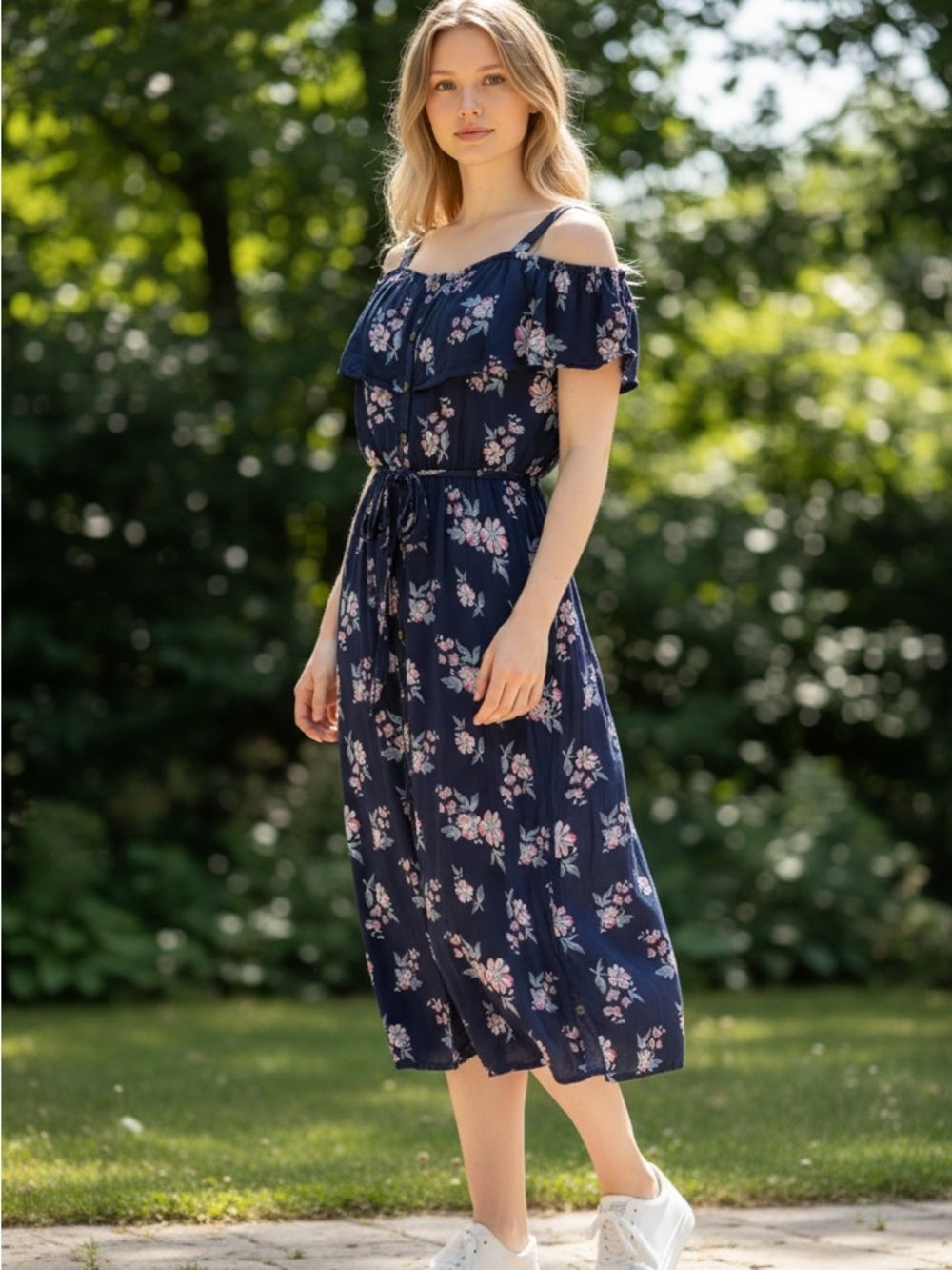Justice Navy Floral Off-Shoulder Midi Dress